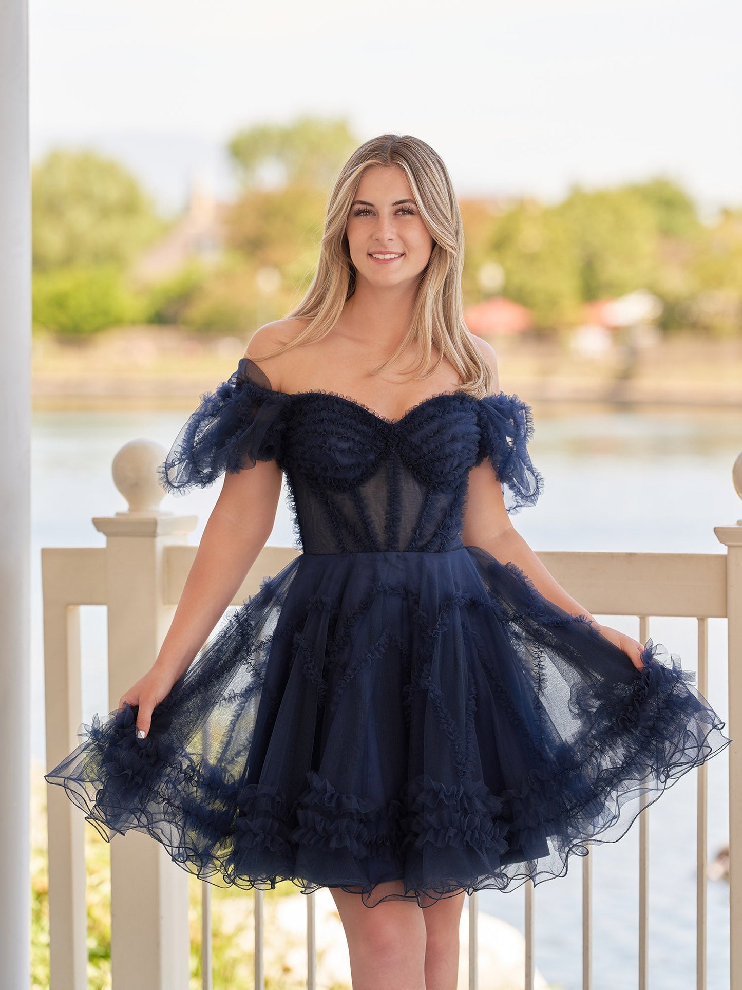 Naomi | A Line Sweetheart Puff Sleeves Short Homecoming Dress With Ruffles - Homecoming Dresses - DINIBLO 