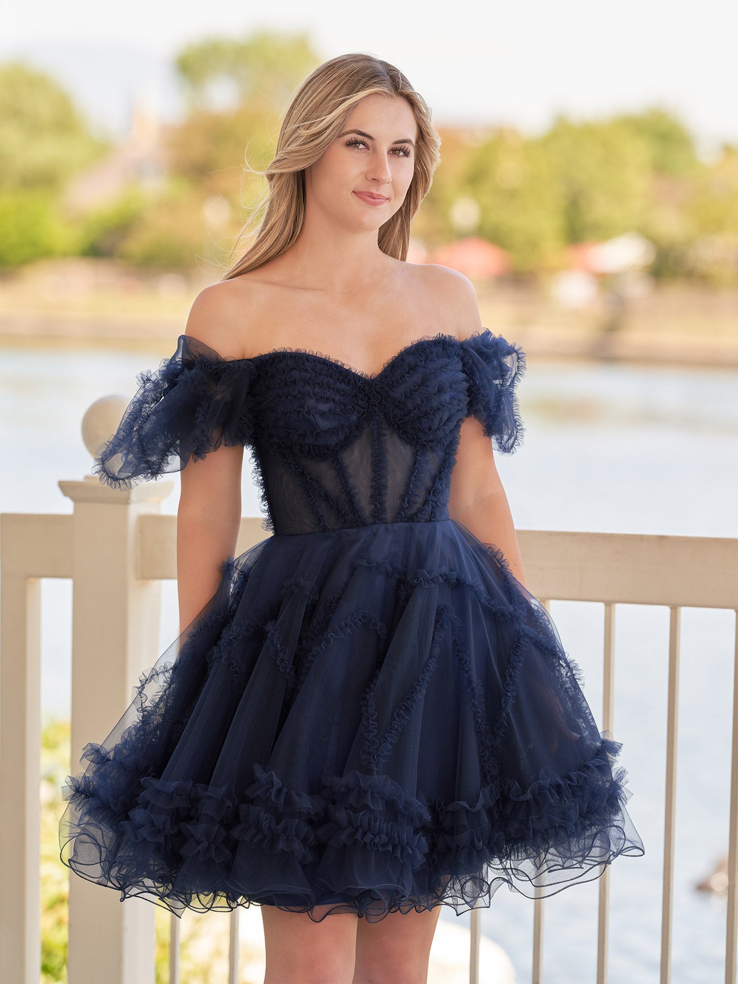 Naomi | A Line Sweetheart Puff Sleeves Short Homecoming Dress With Ruffles - Homecoming Dresses - DINIBLO 