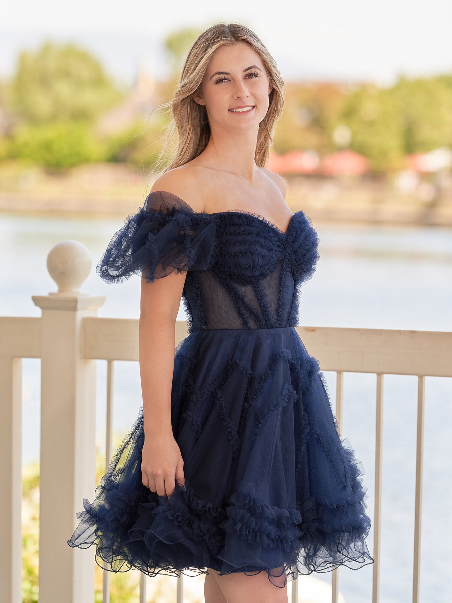 Naomi | A Line Sweetheart Puff Sleeves Short Homecoming Dress With Ruffles - Homecoming Dresses - DINIBLO 