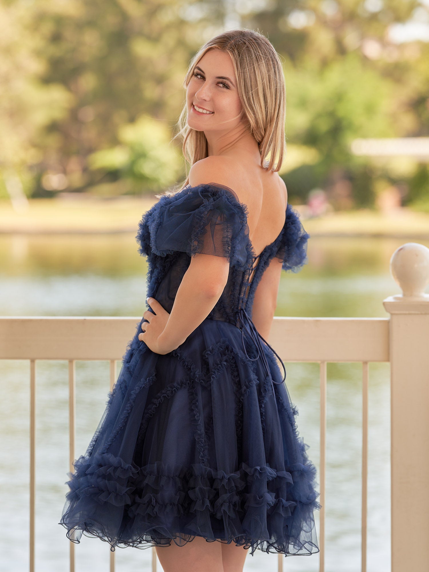 Naomi | A Line Sweetheart Puff Sleeves Short Homecoming Dress With Ruffles - Homecoming Dresses - DINIBLO 