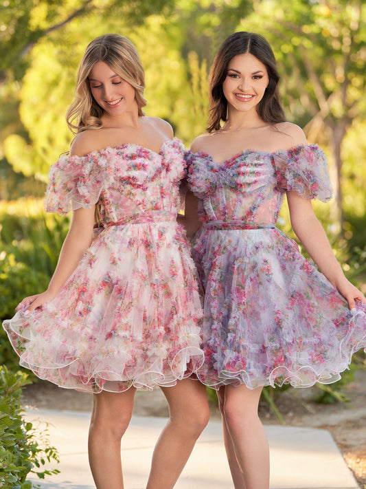 Ivana | A Line Off the Shoulder Printed Tulle Short Homecoming Dress - Homecoming Dresses - DINIBLO 