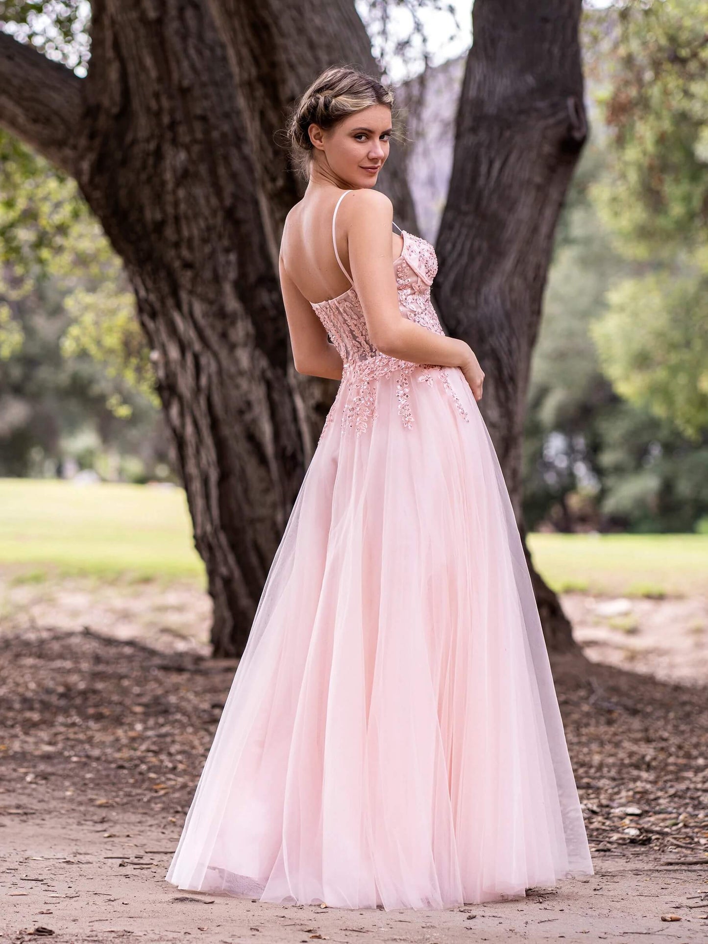 A line Spaghetti Straps Lace Floor Length Tulle Prom Dress with Slit - Prom Dresses - DINIBLO 