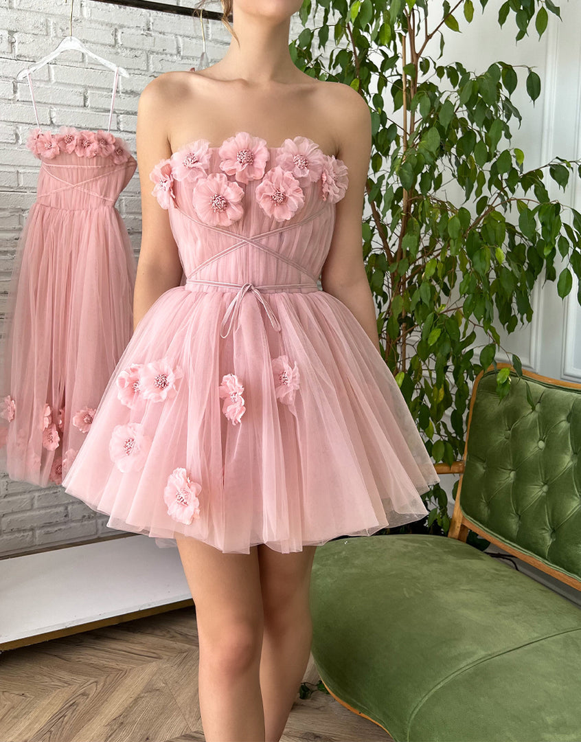 Iris |A-line Short Homecoming Dress with Handmade Flowers - Homecoming Dress - DINIBLO 