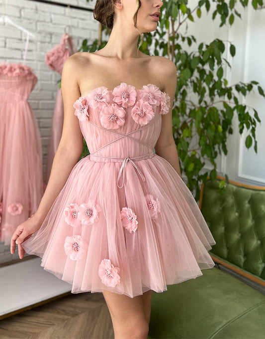 Iris |A-line Short Homecoming Dress with Handmade Flowers - Homecoming Dress - DINIBLO 