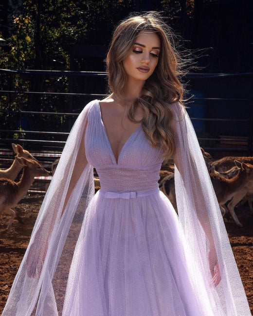 Lilac A-line Long V-Neck Long Sleeves Prom Dresses with Glitter - Prom Dresses - DINIBLO 