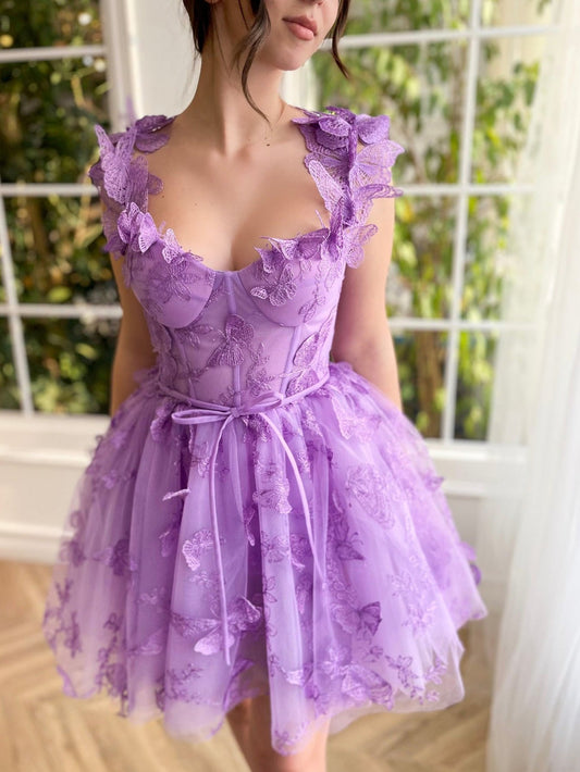 Natalie | Aline Short Tulle Prom Dress with 3D Butterflies - Homecoming Dress - DINIBLO 