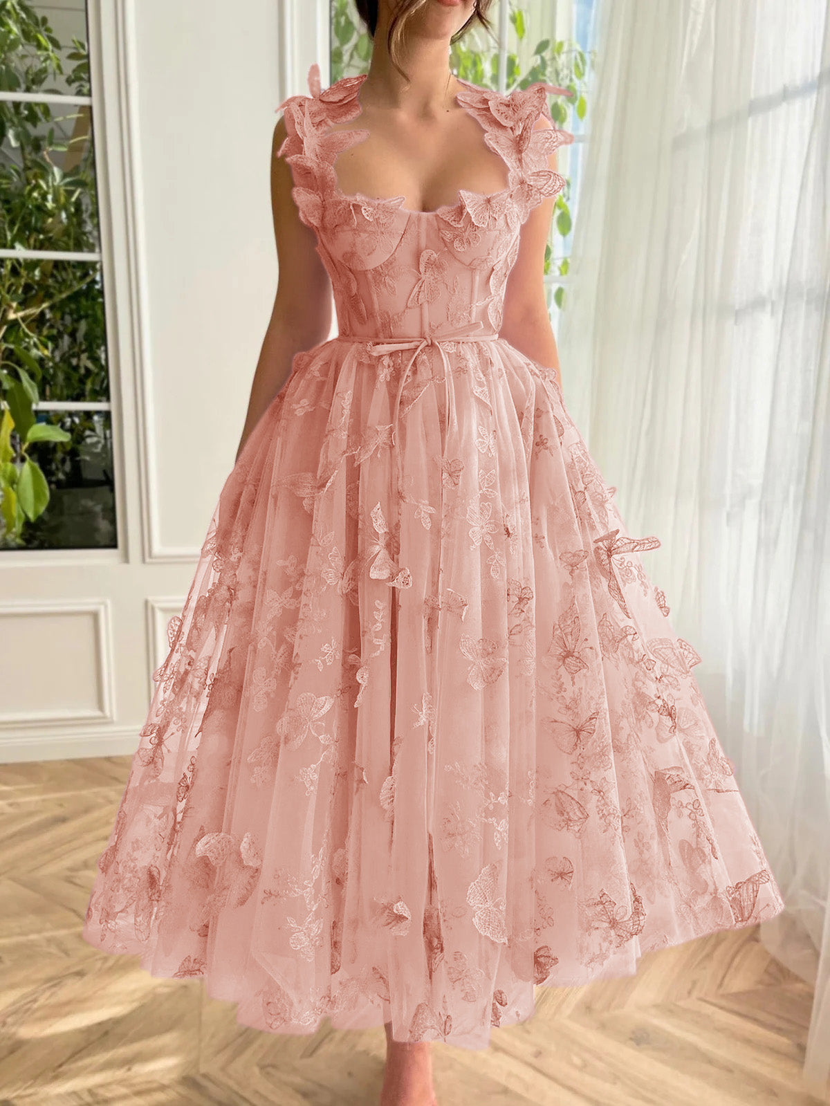 Leah | Aline Tulle Midi Prom Dress with 3D Butterflies - Prom Dress - DINIBLO 