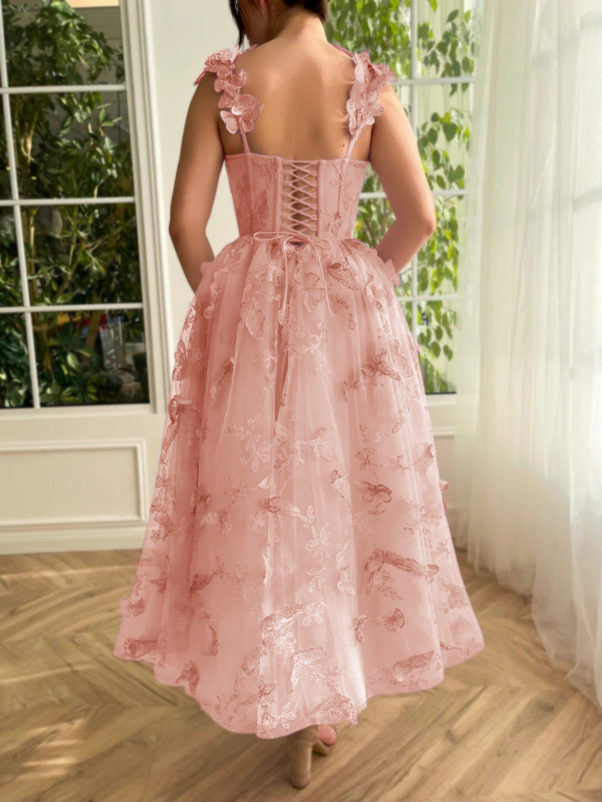 Leah | Aline Tulle Midi Prom Dress with 3D Butterflies - Prom Dress - DINIBLO 