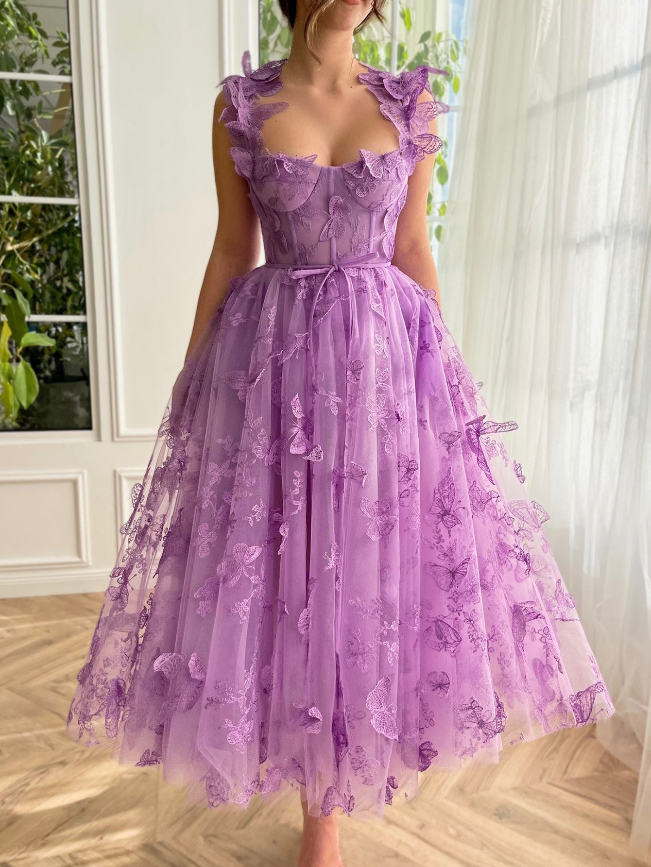 Leah | Aline Tulle Midi Prom Dress with 3D Butterflies - Prom Dress - DINIBLO 