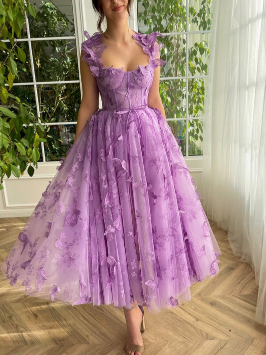 Leah | Aline Tulle Midi Prom Dress with 3D Butterflies - Prom Dress - DINIBLO 