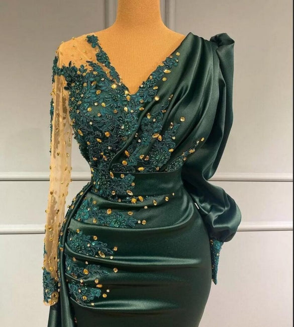 Long Dark Green Elegant Mermaid Prom Dresses with Sleeves - Prom Dresses - DINIBLO 