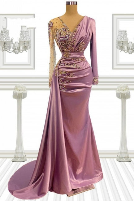 Long Pink Beading Mermaid Prom Dresses With Sleeves - Prom Dresses - DINIBLO 