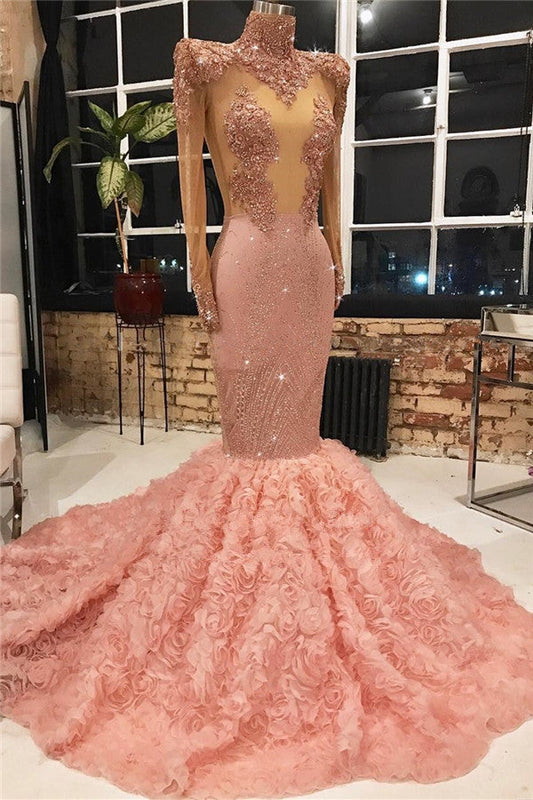 Long Sleeves Pink Prom Dress Mermaid Appliques With Flowers Bottom - Prom Dresses - DINIBLO 