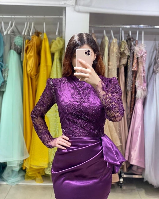 Long Sleeves Purple Mermaid Evening Gown with Soft Floral LAce Appliques - Prom Dresses - DINIBLO 