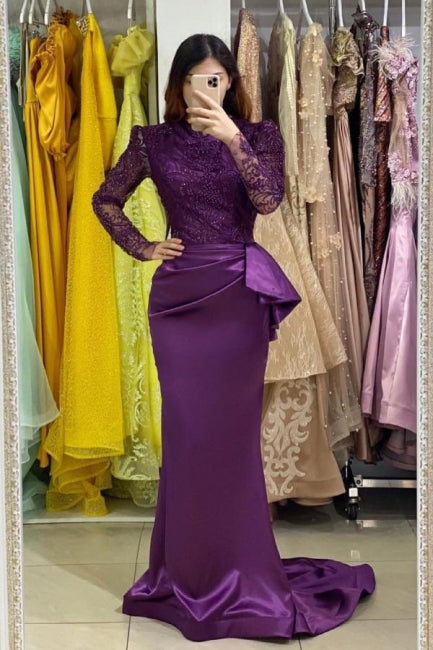 Long Sleeves Purple Mermaid Evening Gown with Soft Floral LAce Appliques - Prom Dresses - DINIBLO 