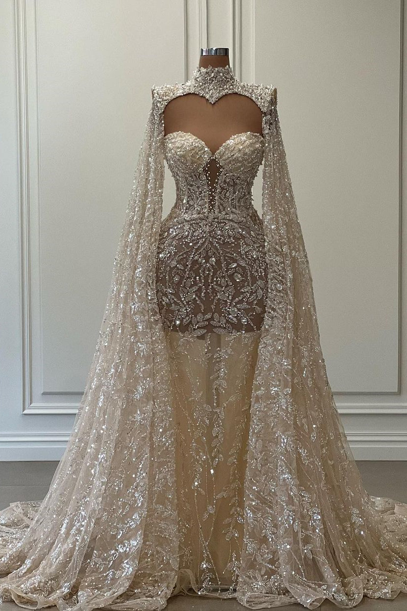 Luxurious Long Mermaid High Neck Glitter Lace Prom Dress With Sleeves - Wedding Dresses - DINIBLO 