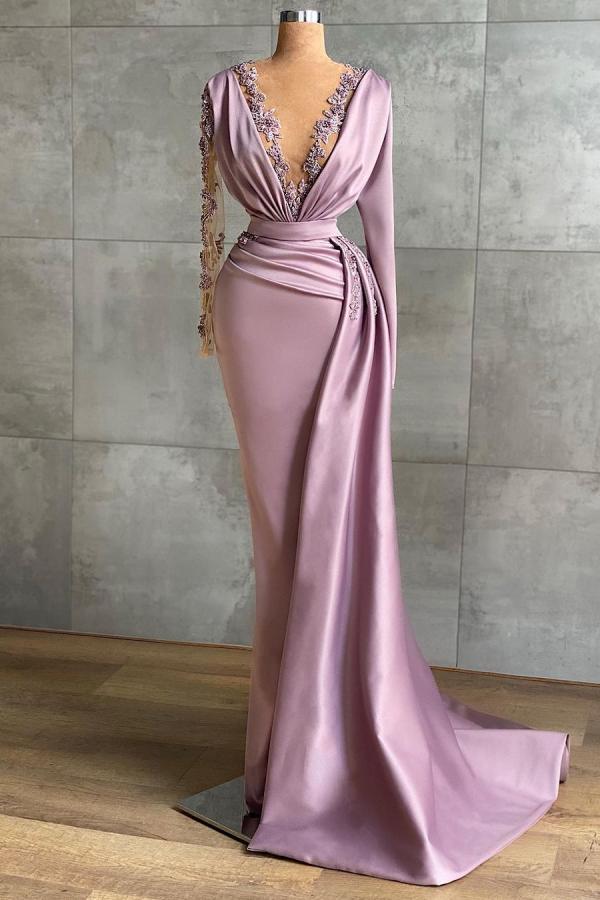 Luxury Floor-length Light Purple Ruffles Mermaid Prom Dresses With Long Sleeves - Prom Dresses - DINIBLO 