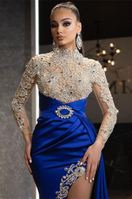 Luxury Halter Royal Blue Satin Mermaid Evening Maxi Dress Long Sleeves Crystals Gold Appliques Party Dress - Prom Dresses - DINIBLO 