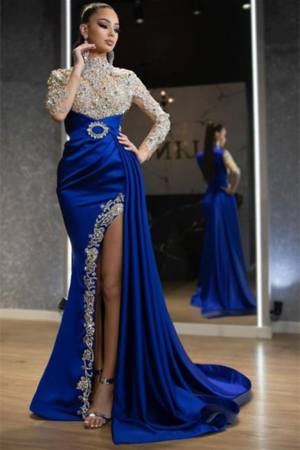 Luxury Halter Royal Blue Satin Mermaid Evening Maxi Dress Long Sleeves Crystals Gold Appliques Party Dress - Prom Dresses - DINIBLO 