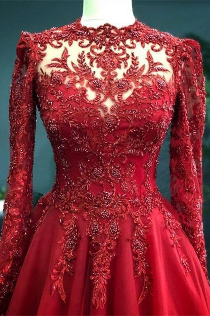 Luxury Red Evening Dresses With Sleeves Prom Dress with Lace - Prom Dresses - DINIBLO 