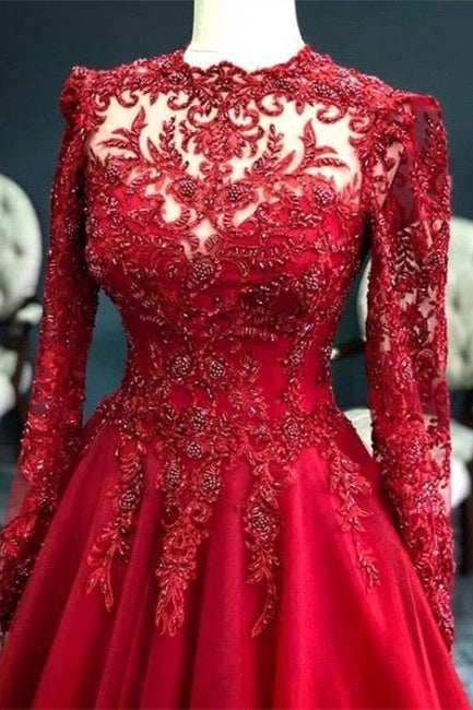 Luxury Red Evening Dresses With Sleeves Prom Dress with Lace - Prom Dresses - DINIBLO 