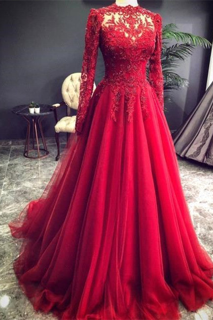 Luxury Red Evening Dresses With Sleeves Prom Dress with Lace - Prom Dresses - DINIBLO 