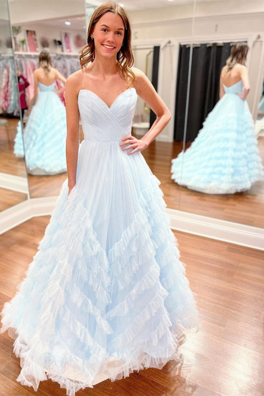 Light Blue Strapless Ruffle Long Prom Dress - Prom Dress - DINIBLO 