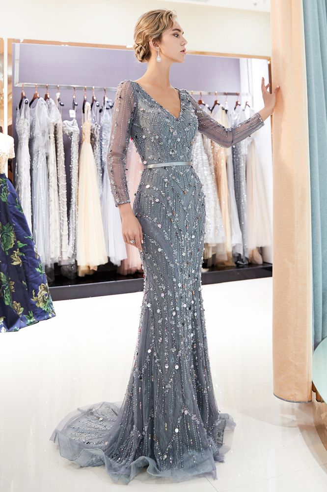 Mermaid Long Sleeves V-neck Sequins Evening Gowns with Sash - Prom Dresses - DINIBLO 