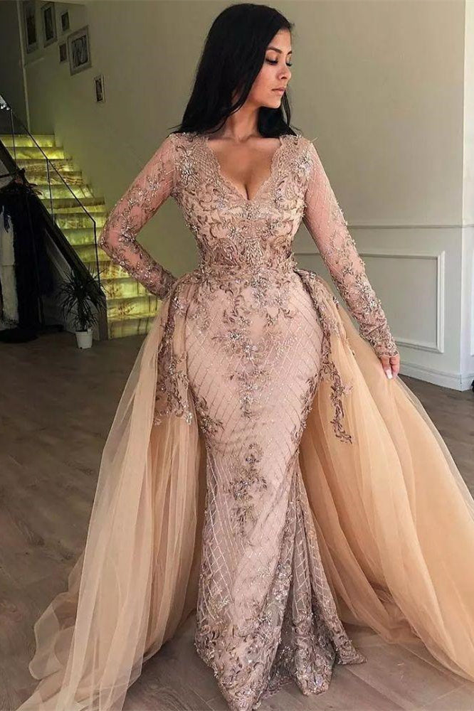 Mermaid V-neck Long Sleeves Appliqued Prom Dresses with Detachable Skirt - Prom Dresses - DINIBLO 