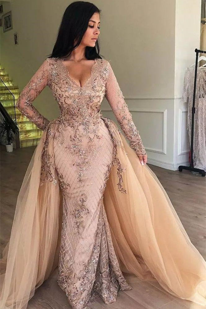 Mermaid V-neck Long Sleeves Appliqued Prom Dresses with Detachable Skirt - Prom Dresses - DINIBLO 