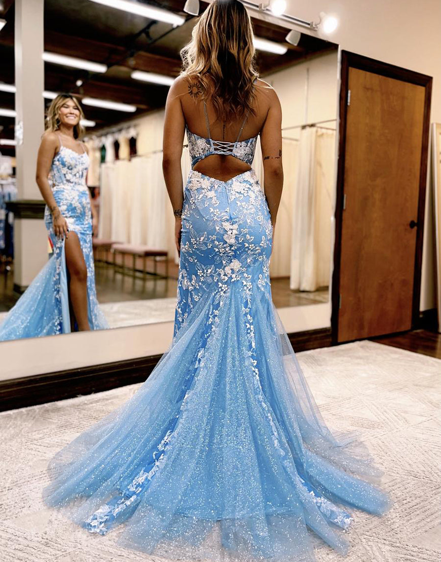 Aubrie |Mermaid Spaghetti Straps Lace Tulle Prom Dress with Slit - Prom Dress - DINIBLO 