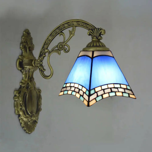 Modern Blue Cut Glass Pyramid Wall Light with Mediterranean Brass Finish and Curved Arm - Wall Mounted Lamp -  - DINIBLO 