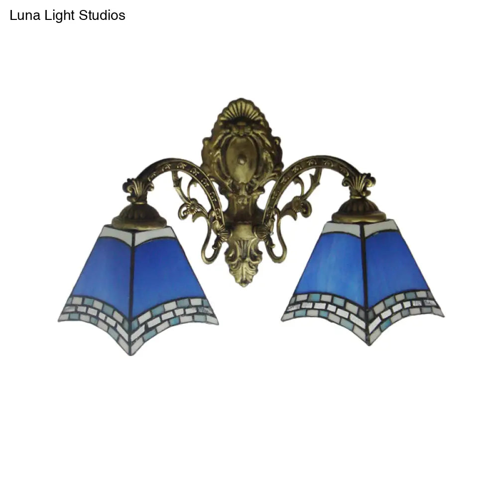 Modern Blue Cut Glass Pyramid Wall Light with Mediterranean Brass Finish and Curved Arm - Wall Mounted Lamp -  - DINIBLO 