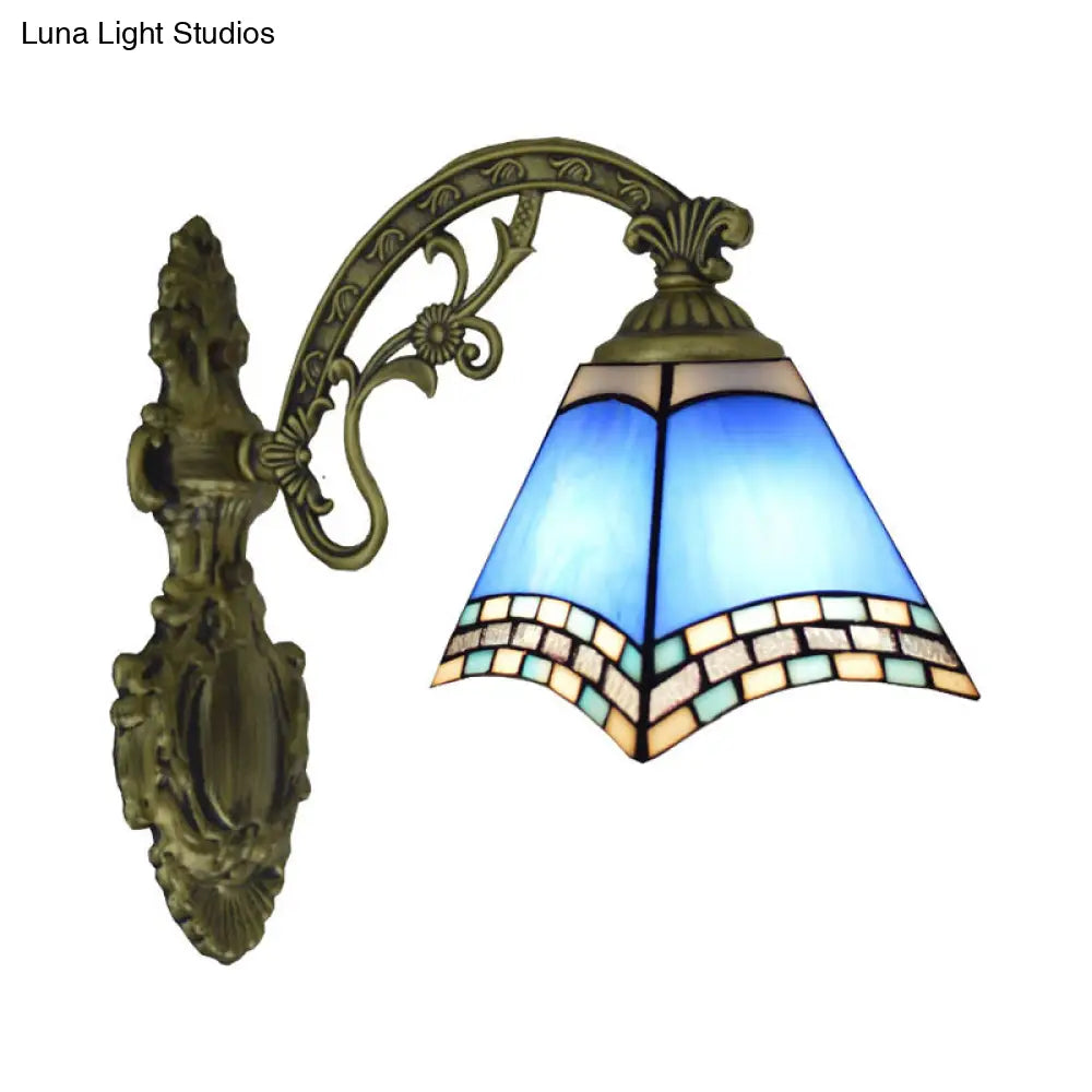 Modern Blue Cut Glass Pyramid Wall Light with Mediterranean Brass Finish and Curved Arm - Wall Mounted Lamp -  - DINIBLO 