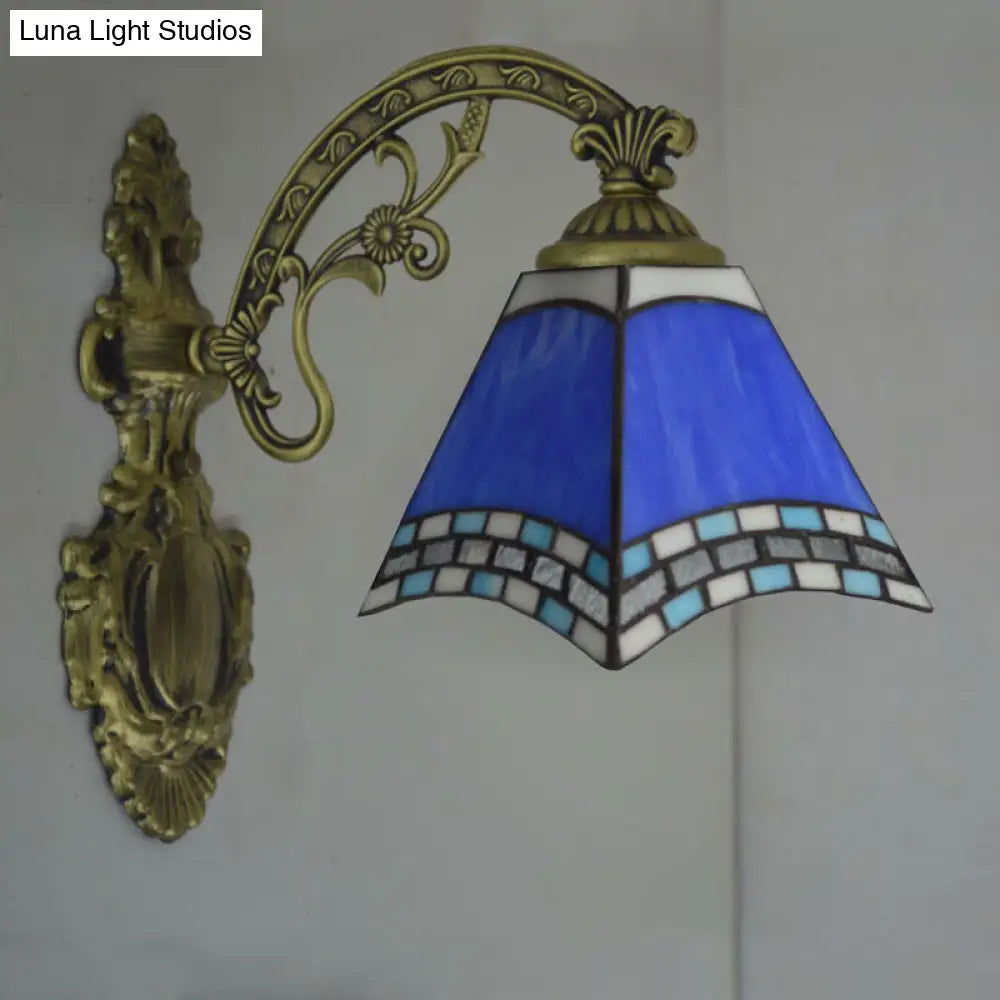 Modern Blue Cut Glass Pyramid Wall Light with Mediterranean Brass Finish and Curved Arm - Wall Mounted Lamp -  - DINIBLO 