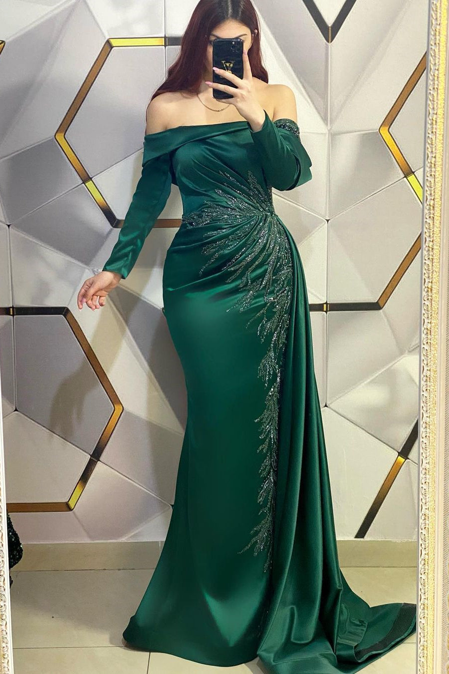 Modern Long Dark Green Mermaid Off-the-shoulder Lace Prom Dress With Long Sleeves - Prom Dresses - DINIBLO 