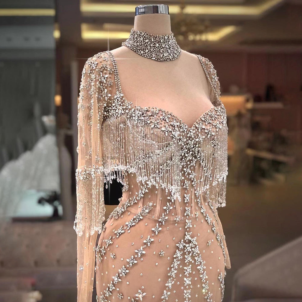 Modern Long Mermaid Beading Long Sleeves Prom Dress With Train - Prom Dresses - DINIBLO 