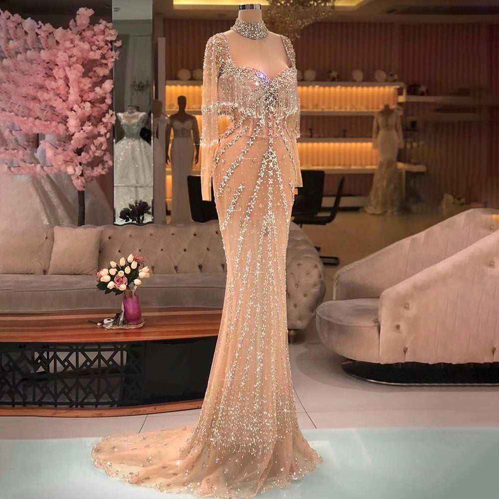 Modern Long Mermaid Beading Long Sleeves Prom Dress With Train - Prom Dresses - DINIBLO 