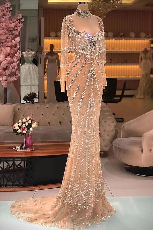 Modern Long Mermaid Beading Long Sleeves Prom Dress With Train - Prom Dresses - DINIBLO 