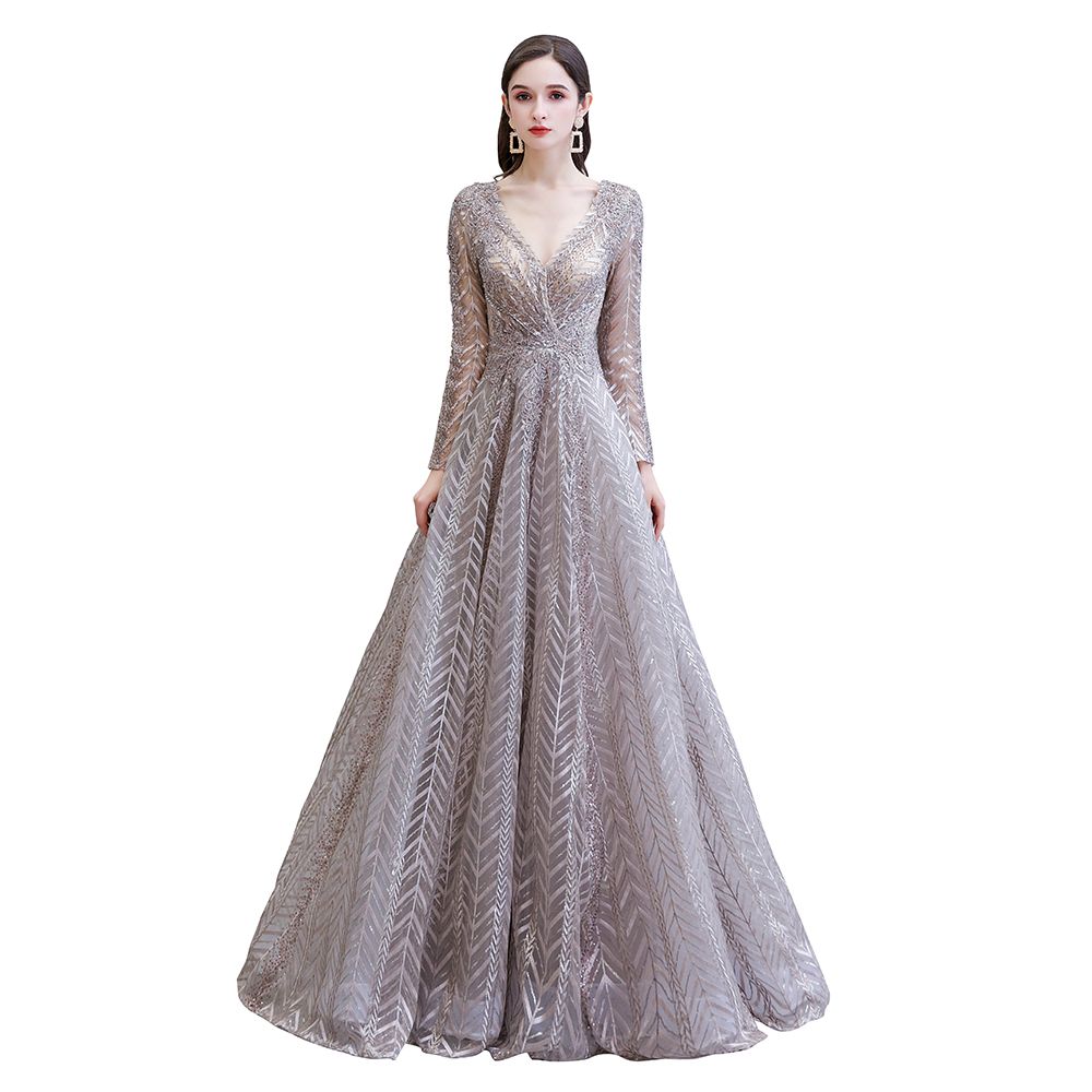 Modest Long Sleeves V-Neck Princess Prom Dress Sequined Aline Party Gown - Prom Dresses - DINIBLO 