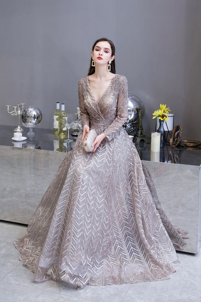 Modest Long Sleeves V-Neck Princess Prom Dress Sequined Aline Party Gown - Prom Dresses - DINIBLO 