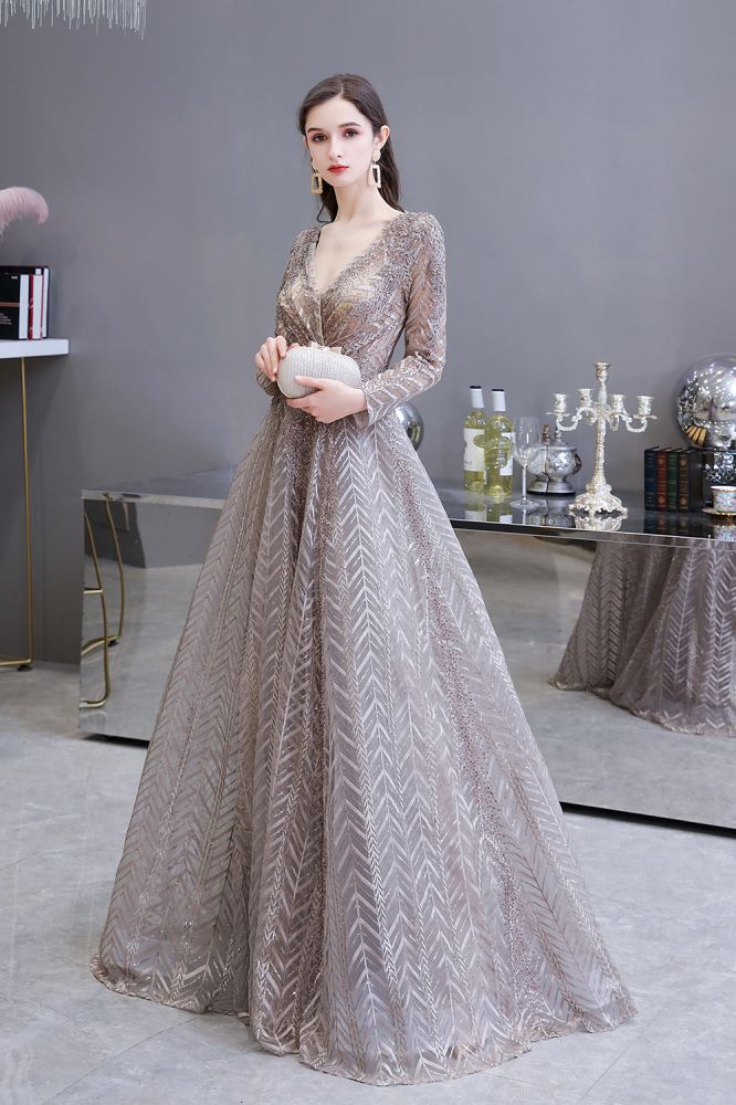 Modest Long Sleeves V-Neck Princess Prom Dress Sequined Aline Party Gown - Prom Dresses - DINIBLO 