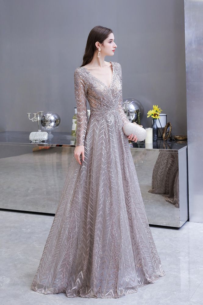 Modest Long Sleeves V-Neck Princess Prom Dress Sequined Aline Party Gown - Prom Dresses - DINIBLO 