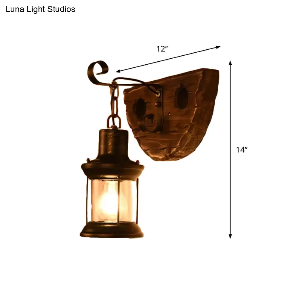 Nautical Wood Kerosene Lantern Wall Lamp: Brown Wall Mount Light with Wood Backplate -  - DINIBLO 