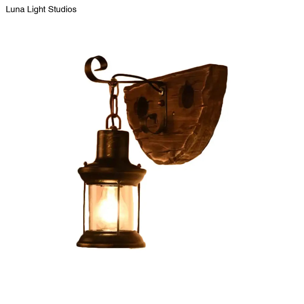 Nautical Wood Kerosene Lantern Wall Lamp: Brown Wall Mount Light with Wood Backplate -  - DINIBLO 