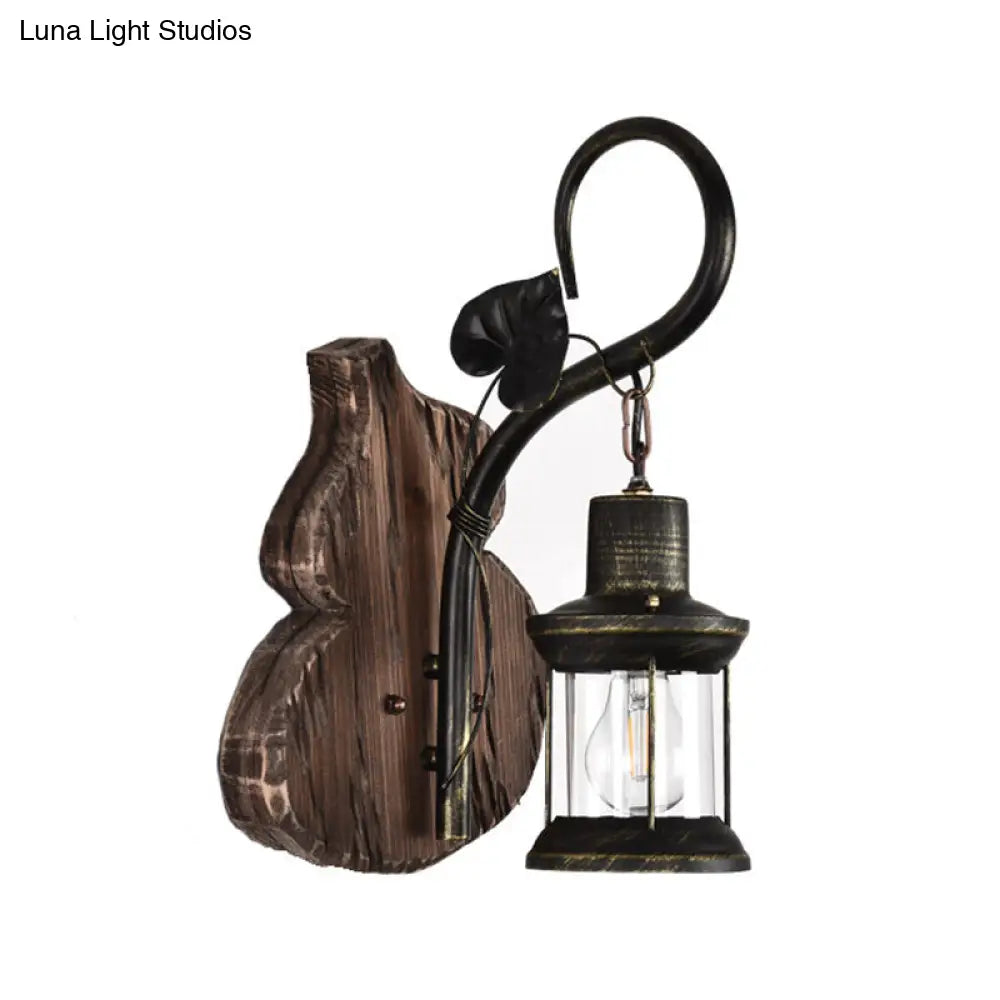 Nautical Wood Kerosene Lantern Wall Lamp: Brown Wall Mount Light with Wood Backplate -  - DINIBLO 