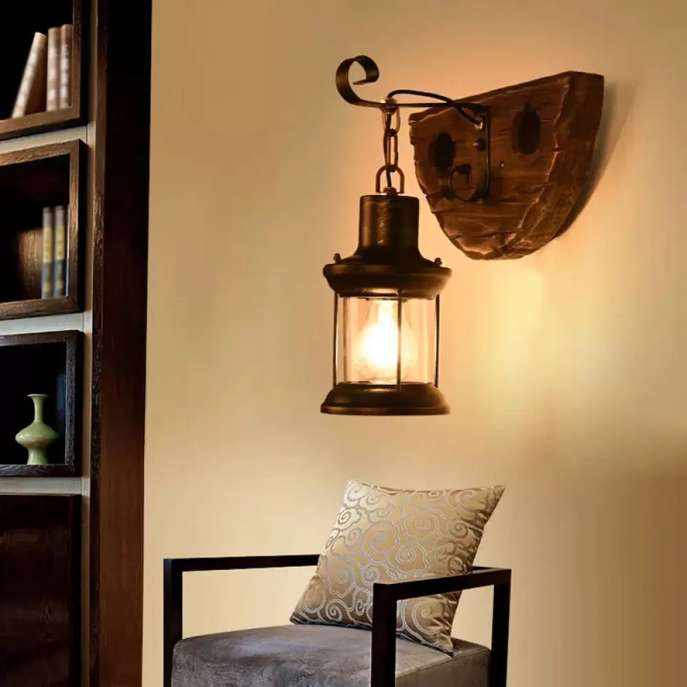 Nautical Wood Kerosene Lantern Wall Lamp: Brown Wall Mount Light with Wood Backplate -  - DINIBLO 