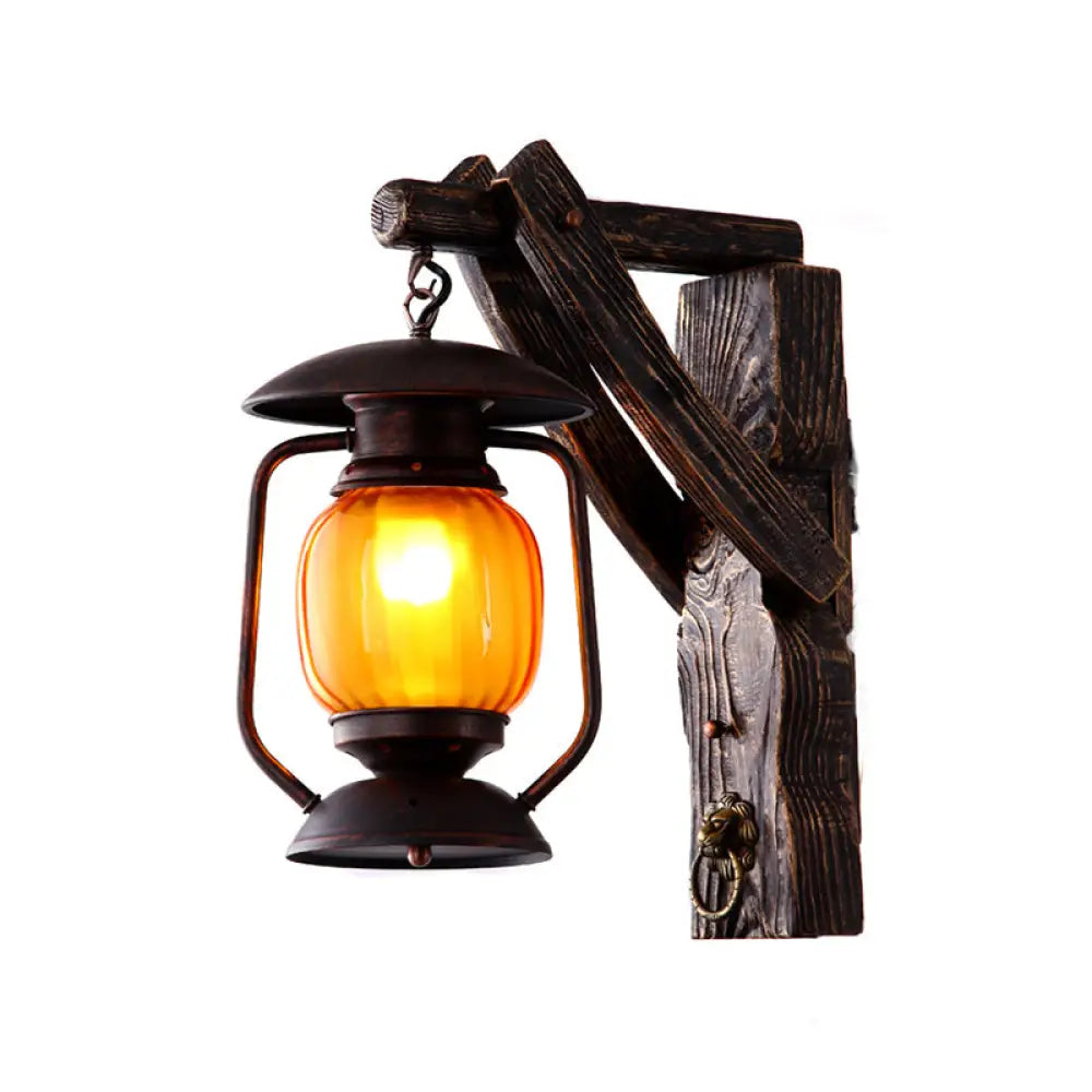 Nautical Wood Kerosene Lantern Wall Lamp: Brown Wall Mount Light with Wood Backplate -  - DINIBLO 