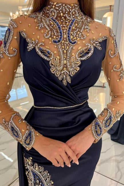 Navy Blue Long Glitter Evening Dresses Prom Dresses With Sleeves - Prom Dresses - DINIBLO 