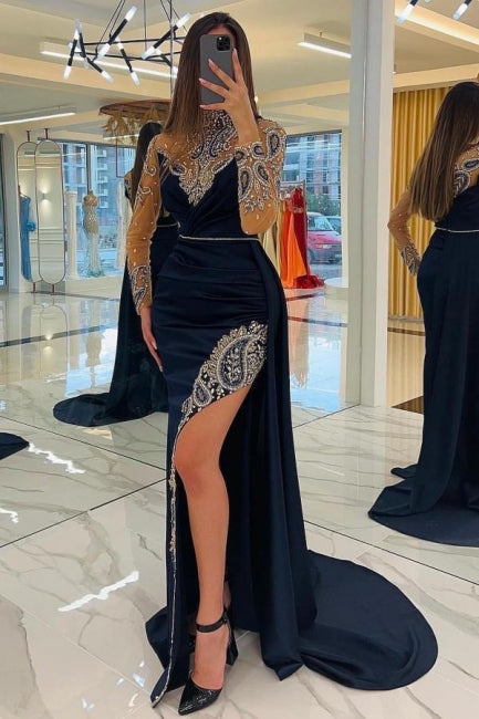 Navy Blue Long Glitter Evening Dresses Prom Dresses With Sleeves - Prom Dresses - DINIBLO 